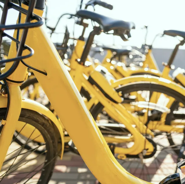 Das Bild zeigt eine Reihe leuchtend gelber Mietfahrräder, dicht nebeneinander in der Sonne geparkt. Der Fokus liegt auf den Rahmen und Rädern, was Symmetrie und städtische Mobilität vermittelt. Es steht für umweltfreundlichen Verkehr und urbanen Lifestyle.
