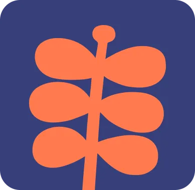 Minimalistische grafische Darstellung einer stilisierten orangefarbenen Pflanze mit symmetrischen ovalen Blättern auf dunkelblauem Hintergrund.
