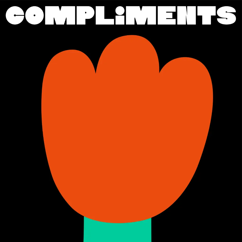 Grafische Illustration mit dem Wort „COMPLIMENTS“ in fetten, weißen Großbuchstaben oben. Darunter eine große, stilisierte rote Blume, die einer Tulpe ähnelt, mit grünem Stiel auf schwarzem Hintergrund.