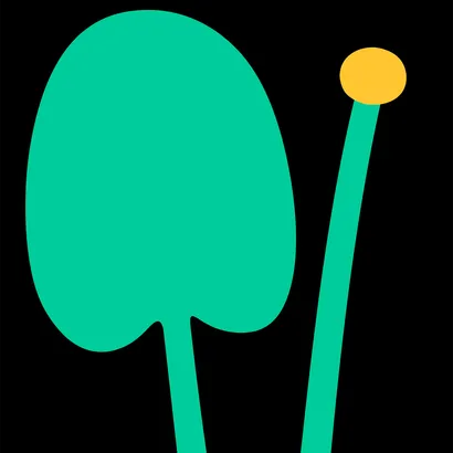 Minimalistische Illustration auf schwarzem Hintergrund mit zwei abstrakten Pflanzen: eine mit einem großen grünen ovalen Blatt und die andere mit einem langen grünen Stiel, der von einem kleinen gelben Kreis gekrönt ist.