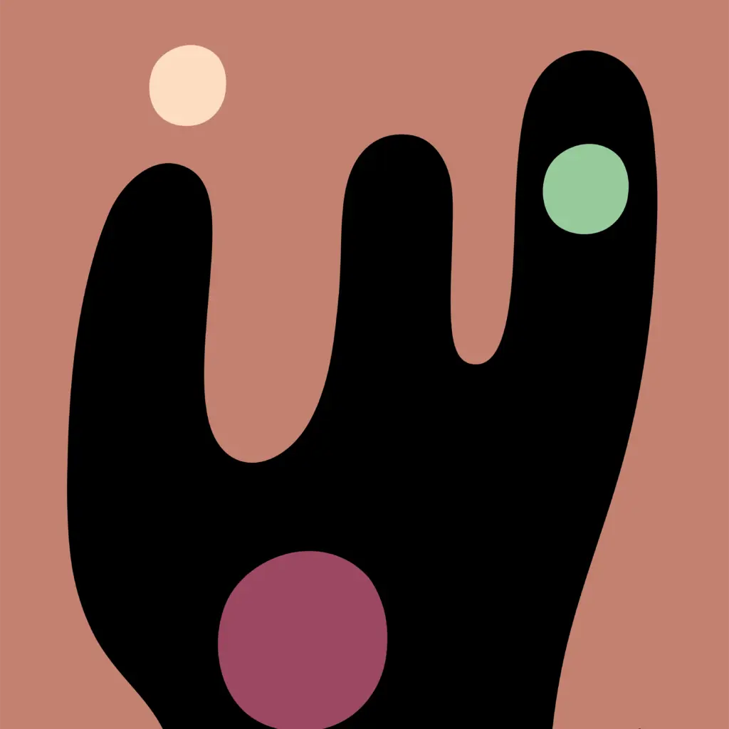 Eine abstrakte Illustration mit einer schwarzen, organischen, handähnlichen Form mit drei abgerundeten Fingern. Jeder Finger trägt einen unterschiedlich gefärbten Kreis: beige, grün und bordeauxrot. Der Hintergrund ist in einem gedeckten rosabraunen Ton gehalten.
